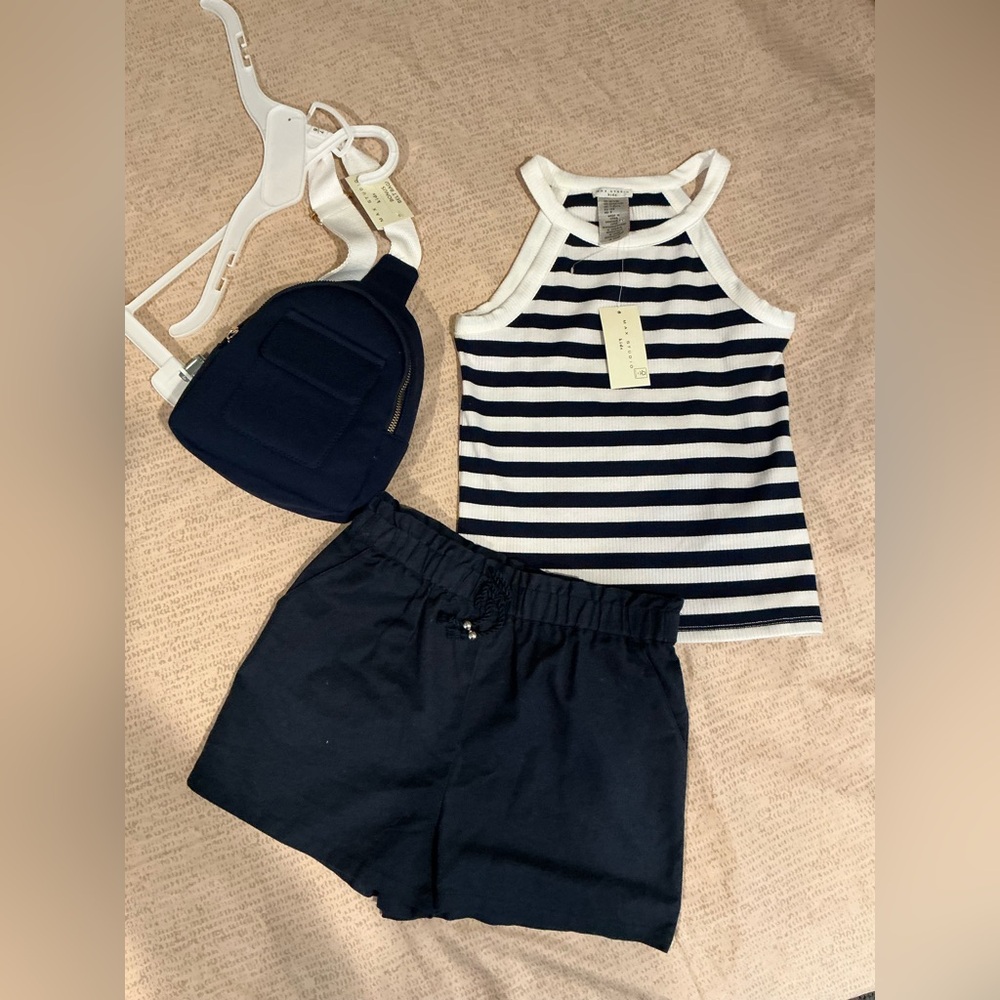 Striped Tank Top and Navy Shorts Set with Navy cross body bag. - Picture 2 of 6